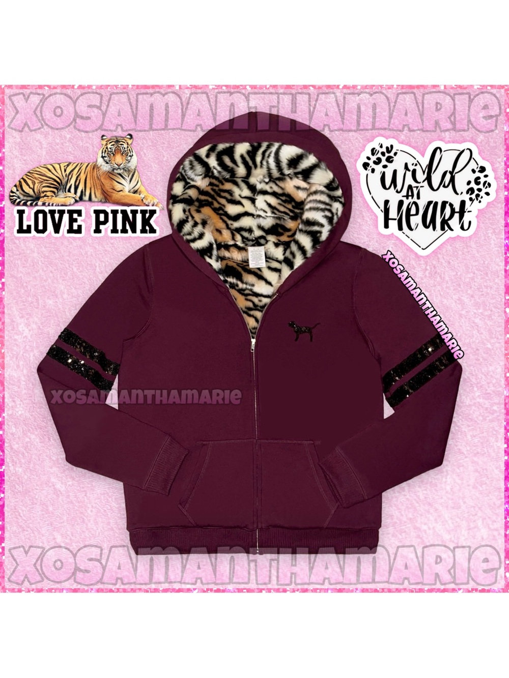 VS PINK Rare Y2K Vtg Sequin Bling Tiger Print Faux Fur Hoodie Jacket - Picture 3 of 14
